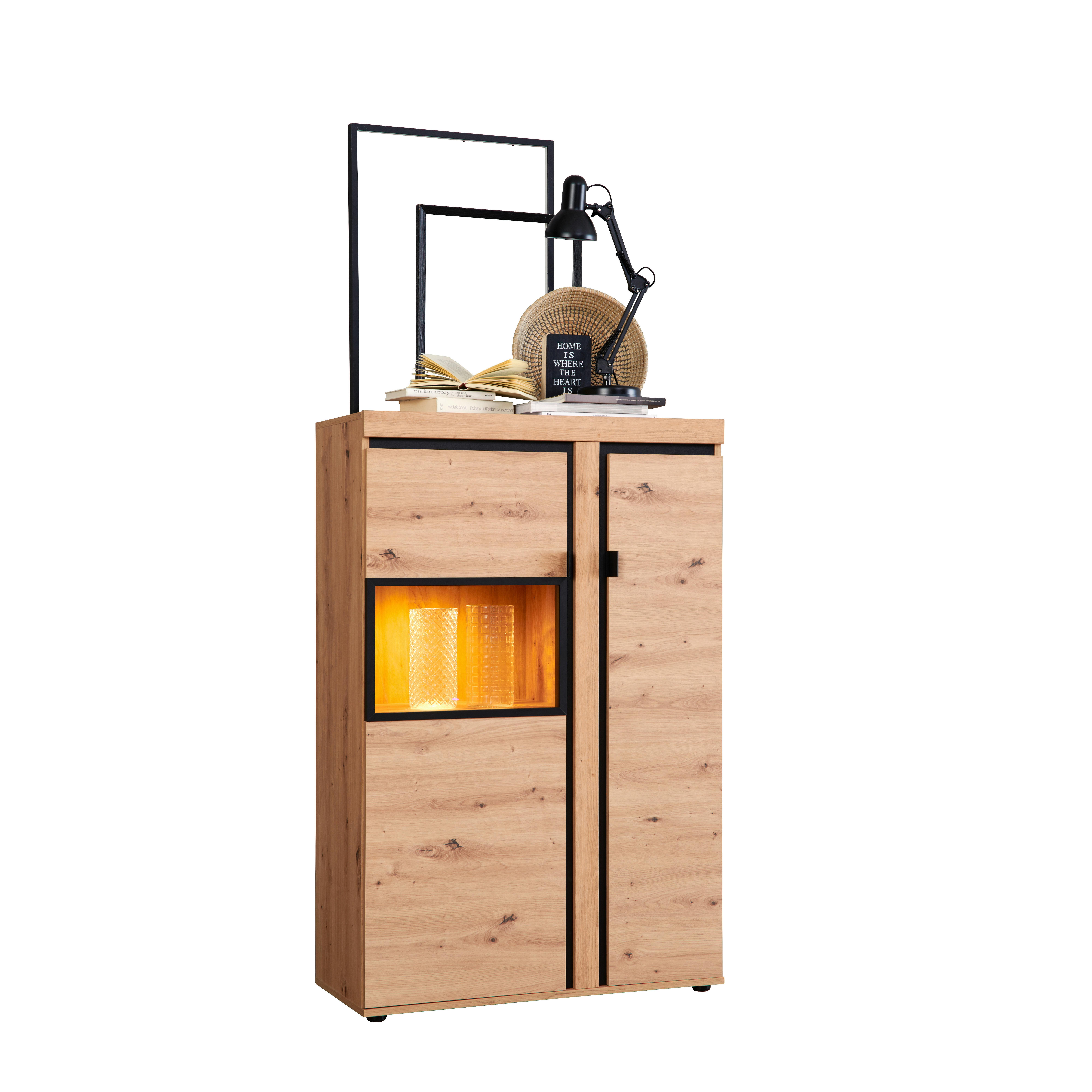 Vitrine Nyon B: 89 cm inkl. LED, Eiche Dekor/Schwarz