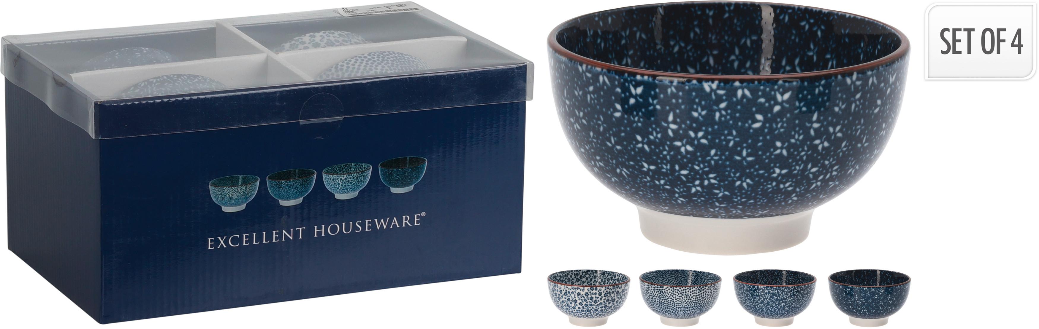 Keramik Schüssel-Set Blau/Weiß Gemustert 4tlg. - Blau/Weiß, Basics, Keramik (11/7cm)