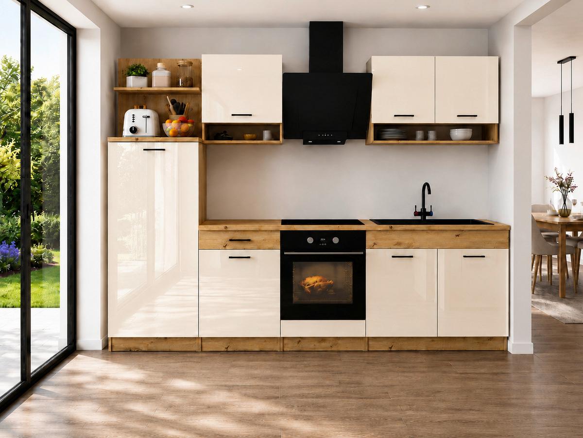 Konyhablokk Bravo 2 - bézs/tölgyfa színű, Modern, műanyag/fa (280cm) - Best Price