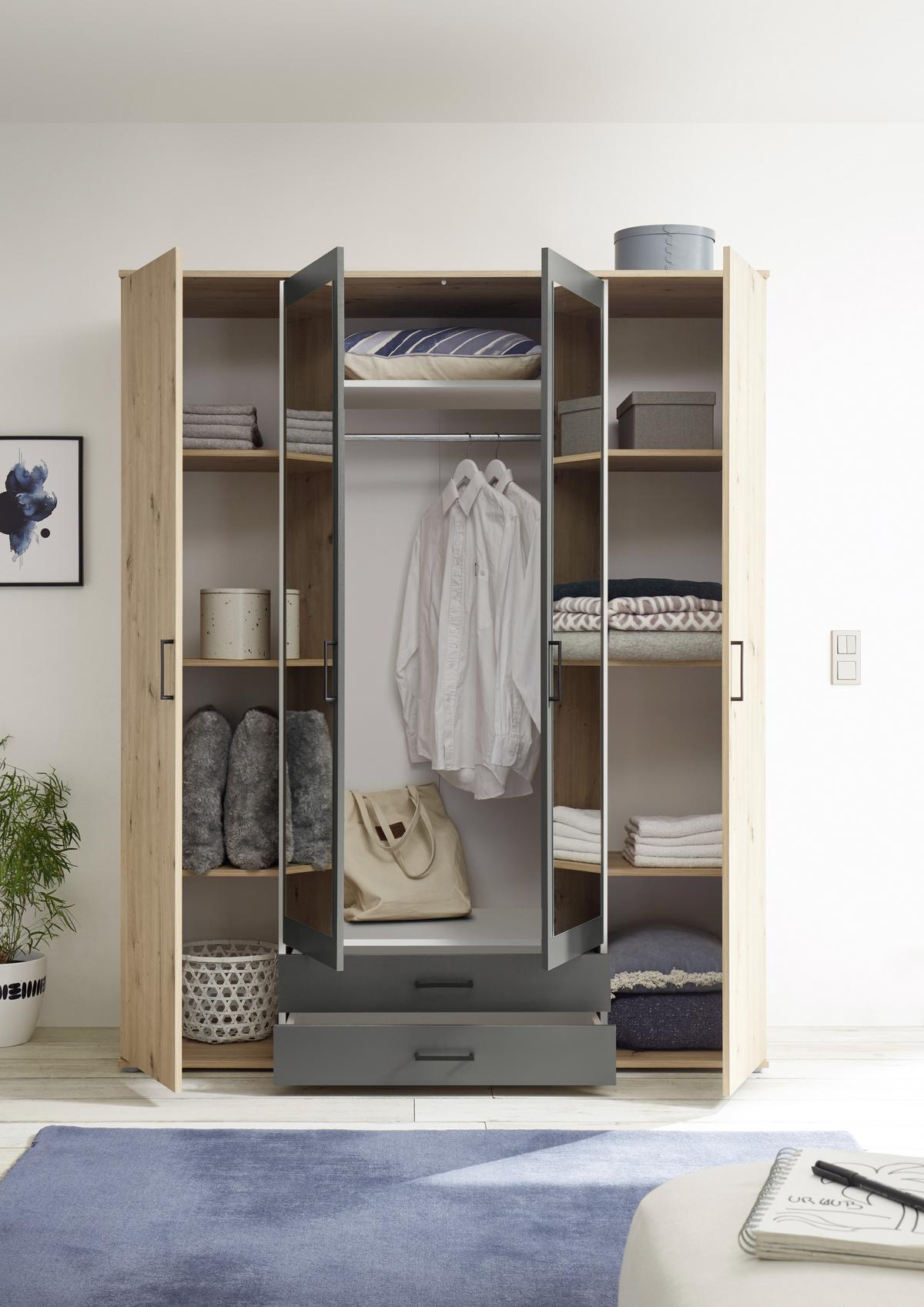 Drehtürenschrank Mit Spiegel 159 cm Chicago, Eiche Dekor - Eichefarben/Anthrazit, Basics, Glas/Holzwerkstoff (159/196/53,5cm) - MID.YOU