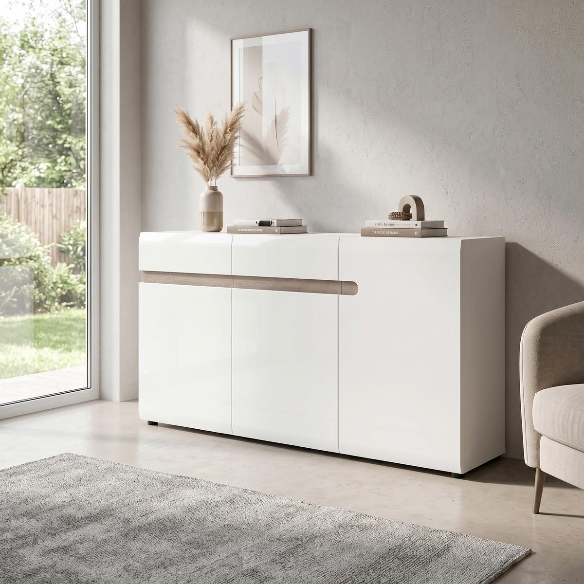 Kommode Linate B: 164 cm Alpinweiss/Trüffel Eiche Dekor - Weiß Hochglanz/Trüffeleichefarben, MODERN, Holzwerkstoff (164/86,5/41,9cm)