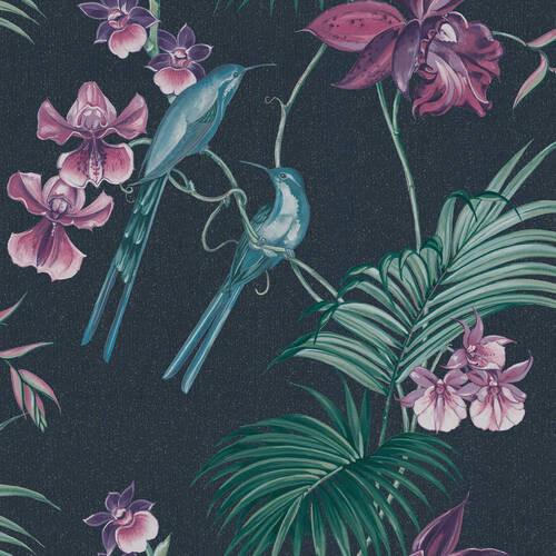 Vliestapete Blume Pink/dunkelblau - Pink/Dunkelblau, Basics, Papier/Kunststoff (52/1000cm)
