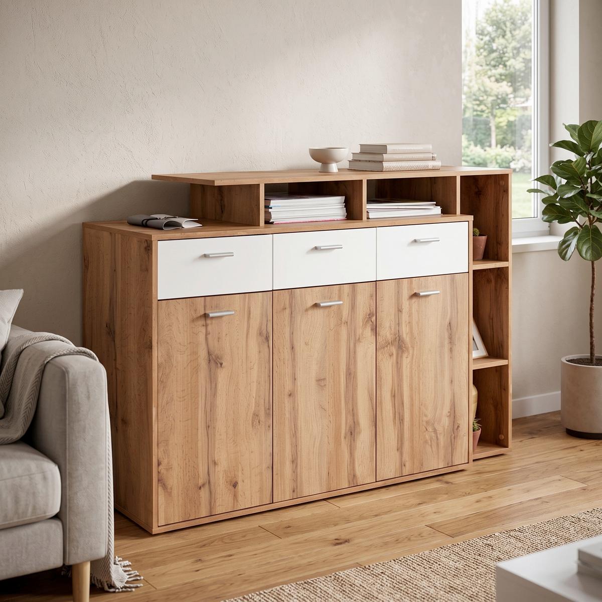 Kommode B 150cm Tom, San Remo Eiche Dekor/Weiß - Eichefarben/Silberfarben, MODERN, Holzwerkstoff (150/105/40cm)