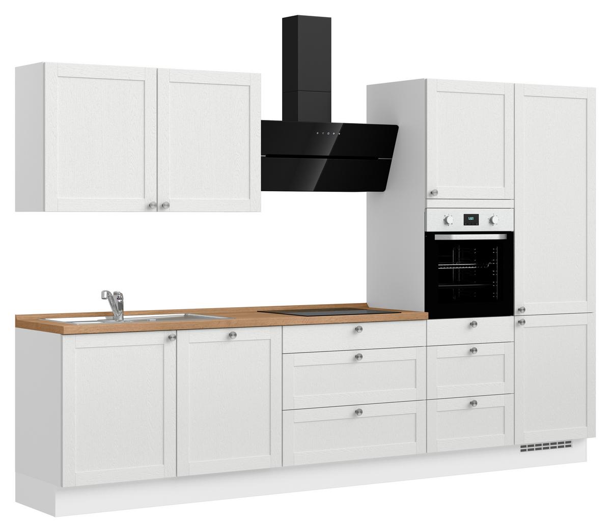 Kuchynská linka 330 cm, biela /dub Sierra - biela/farba ušľachtilej ocele, Romantik / Landhaus, kov/kompozitné drevo (330cm) - Nobilia