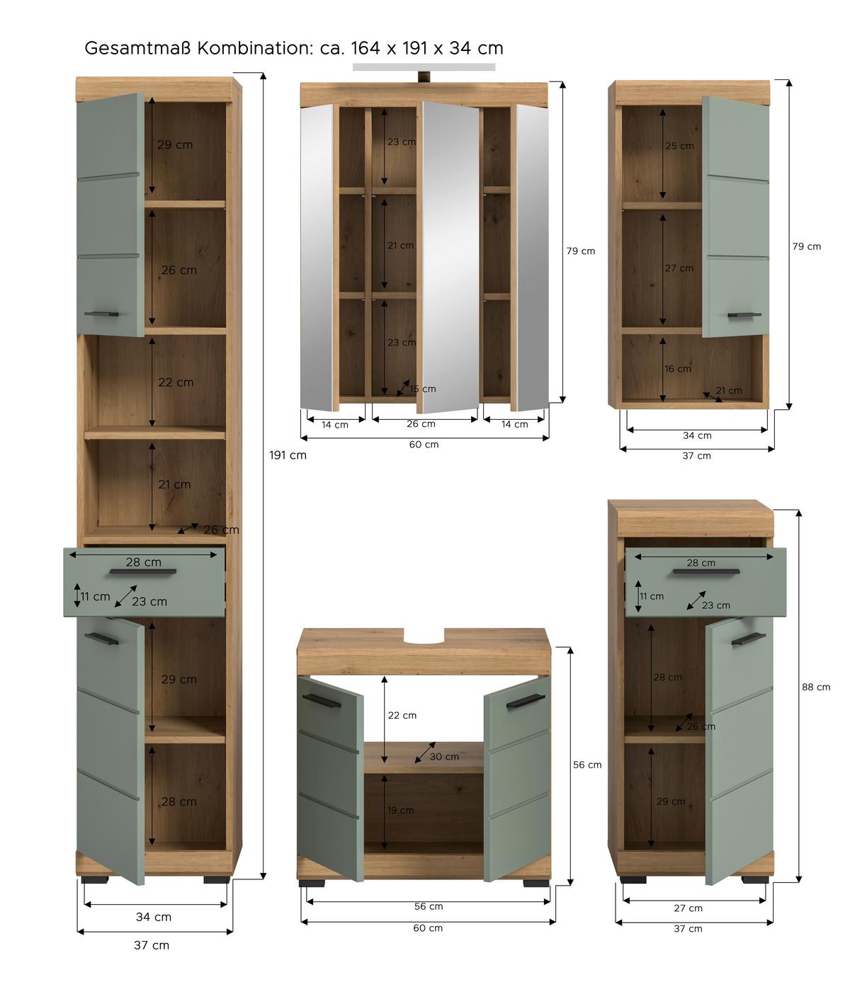 Badezimmer Scout Eiche Artisan Dekor Salbeigrün - Salbeigrün/Schwarz, MODERN, Glas/Holzwerkstoff (154cm) - MID.YOU