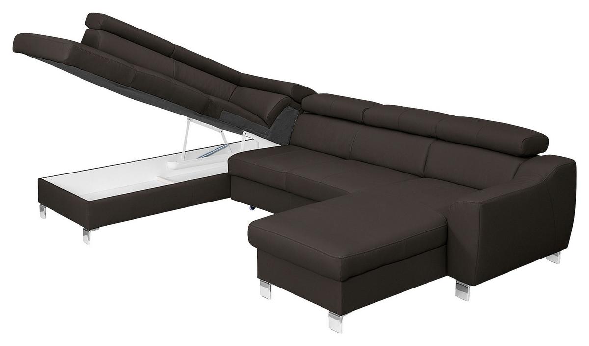 Wohnlandschaft Aspen Dbraun U-Form: 208 Cm - Chromfarben/Dunkelbraun, Design, Leder/Textil (208/315/175cm) - Livetastic