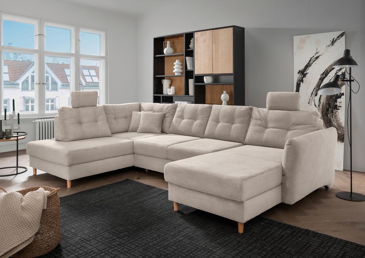 Wohnlandschaft Brizzini mit Schlaffunktion, Beige - Beige/Naturfarben, MODERN, Textil (176/338-352/206cm) - Livetastic