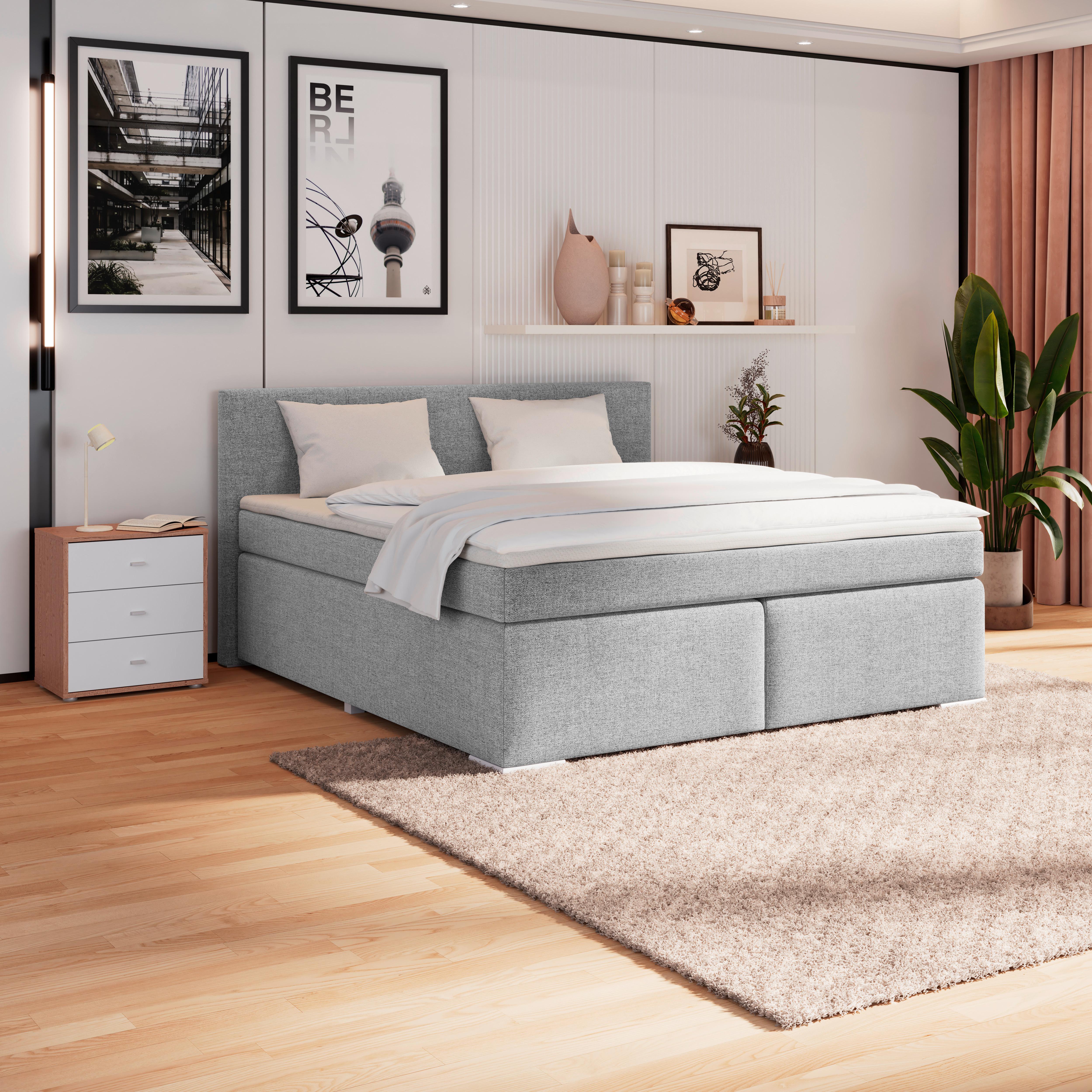 Boxspringbett Mira I Nordic, Lf: 180x200 cm - Alufarben/Grau, Basics, Textil (180/200cm)