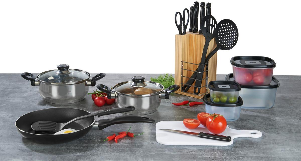 Küchen-Starterset Kunststoff/ Metall, 18-teilig - Schwarz/Weiß, Basics, Glas/Holz (39/16,5/41,5cm)