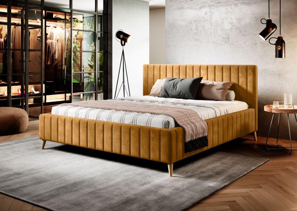 Postel Tamina s roštem a úložným prostorem 180x200cm - curry žlutá/přírodní barvy, Design, dřevo/textil (180/200cm)