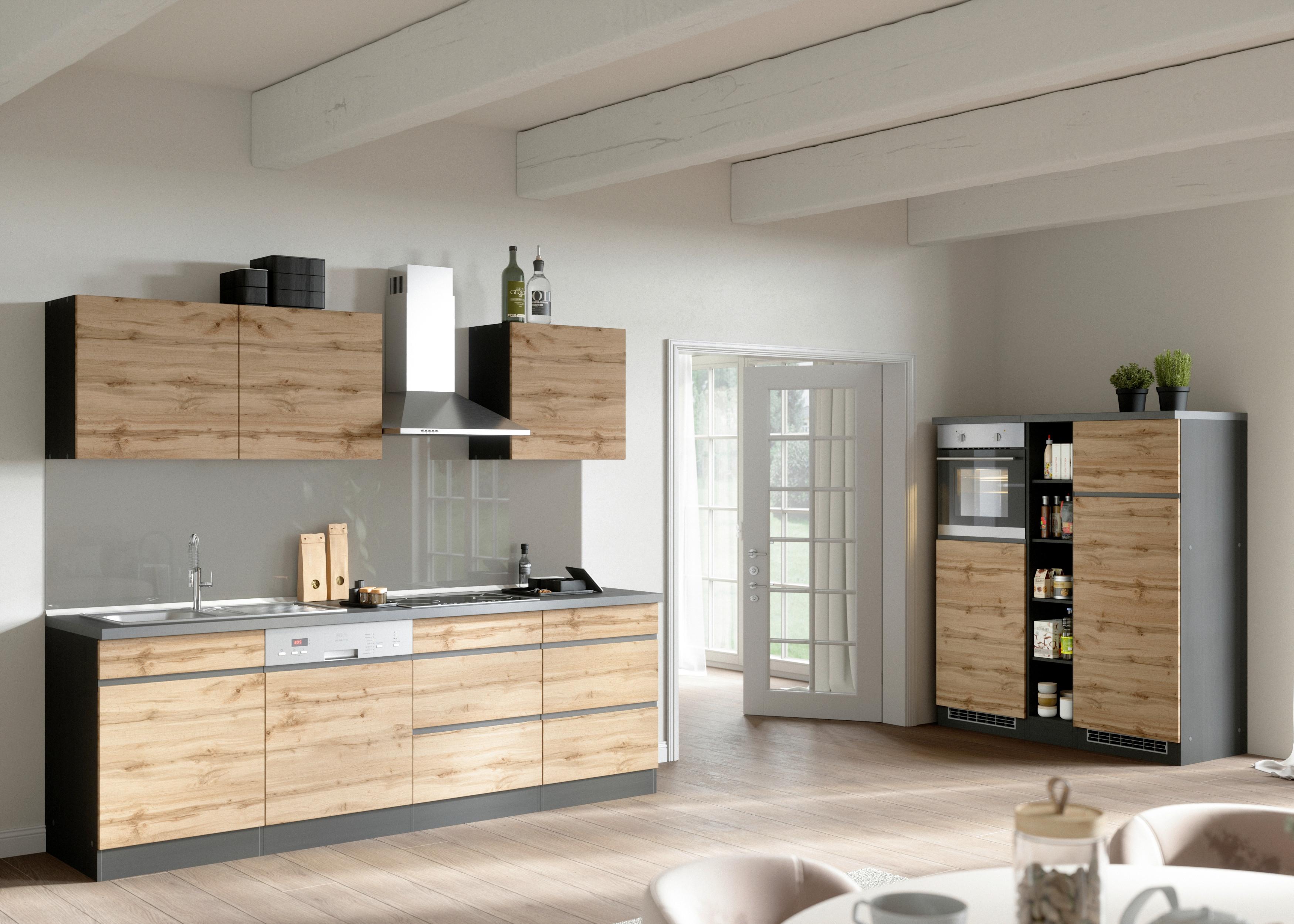 Zweizeilige Küche Turin 390 cm Graphitfarben/Eiche - Eiche Wotan/Graphitfarben, Design, Holzwerkstoff (390cm) - Held