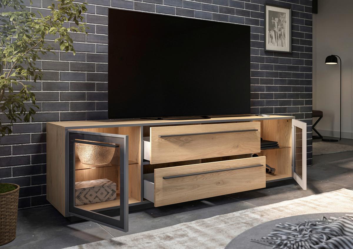TV-Lowboard Nadiro B: 187 cm Wildeiche Dekor/Schwarz Matt - Eichefarben/Schwarz, Trend, Glas/Holzwerkstoff (187/55/40cm) - Livetastic
