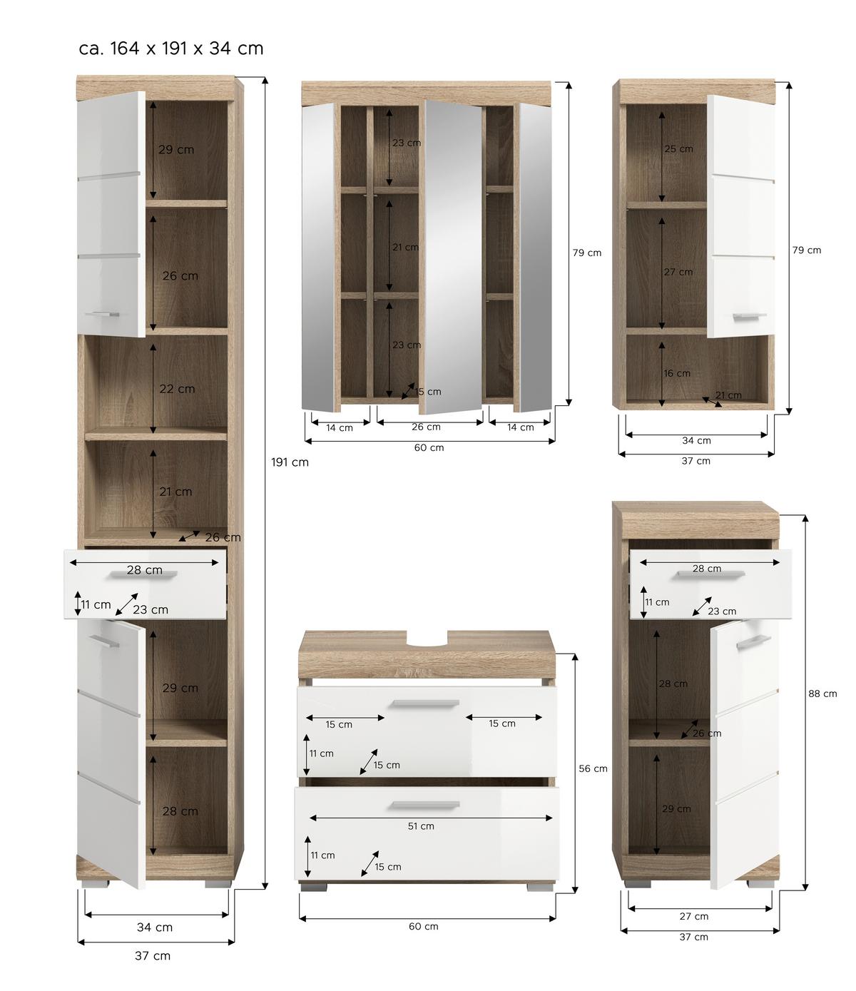 Badezimmer Lambada Eiche Dekor/weiß B: 134 Cm - Weiß Hochglanz/Sonoma Eiche, MODERN, Glas/Holzwerkstoff (134cm) - MID.YOU