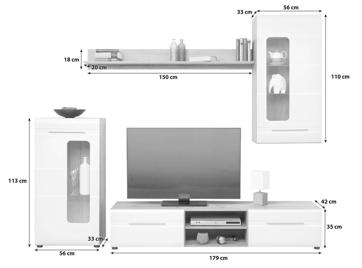 Wohnwand Modern 4 Tlg. Bailamos, Weiß/eiche Dekor - Eichefarben/Schwarz, MODERN, Glas/Holzwerkstoff (235/199,1/41,6cm)