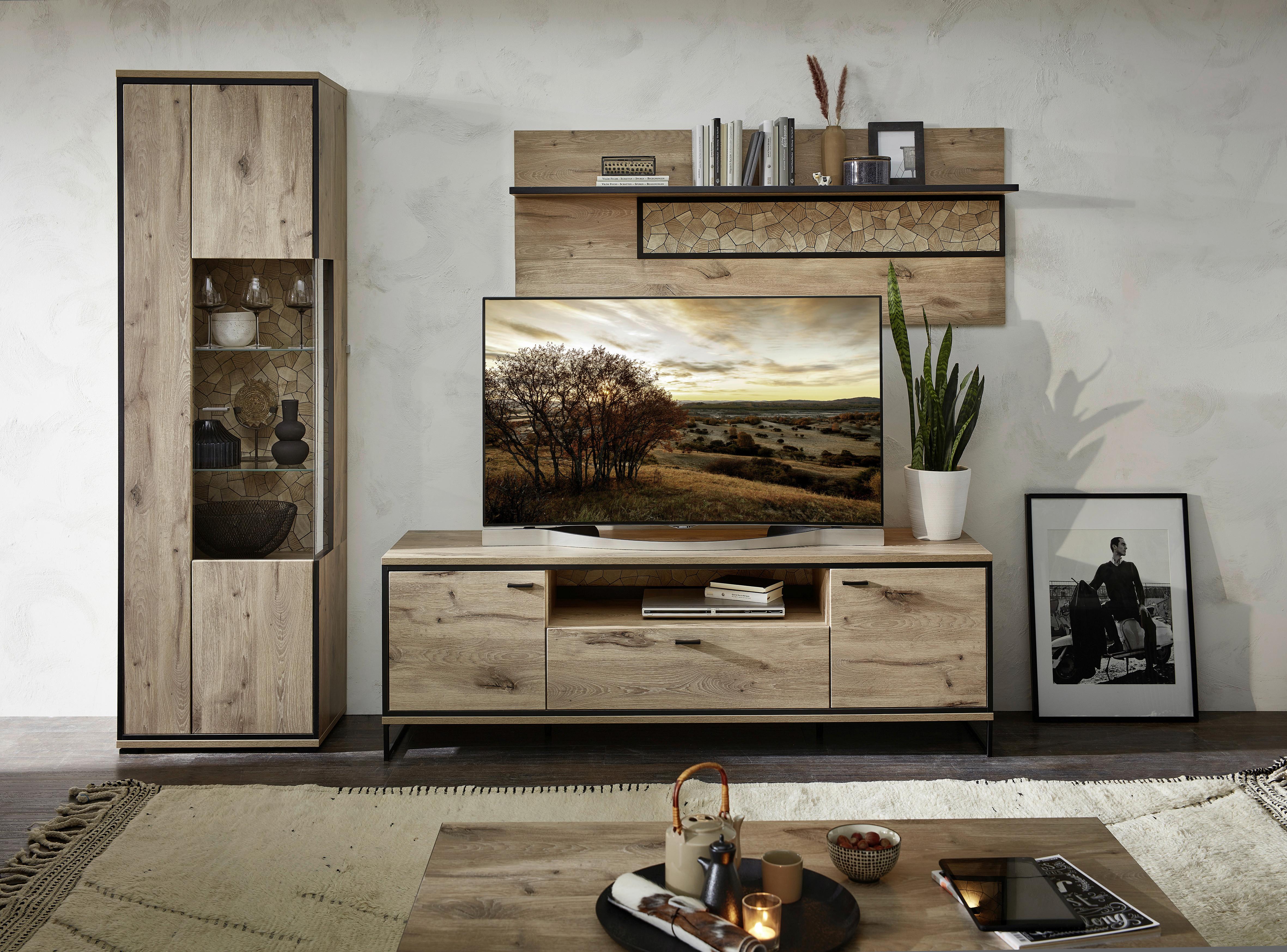 Wohnwand Ruben - Eichefarben/Schwarz, KONVENTIONELL, Glas/Holzwerkstoff (270/205/49cm) - Livetastic