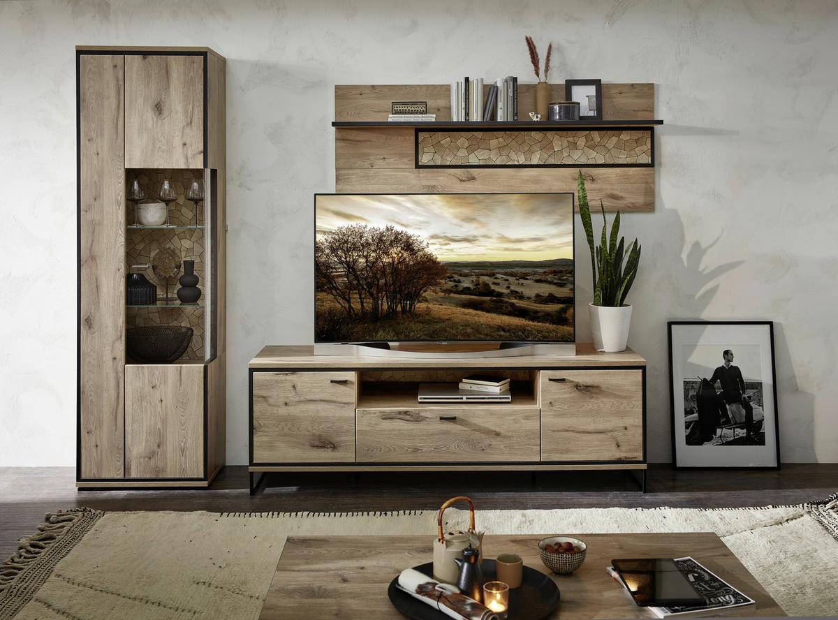 Wohnwand Ruben - Eichefarben/Schwarz, KONVENTIONELL, Glas/Holzwerkstoff (270/205/49cm) - Livetastic