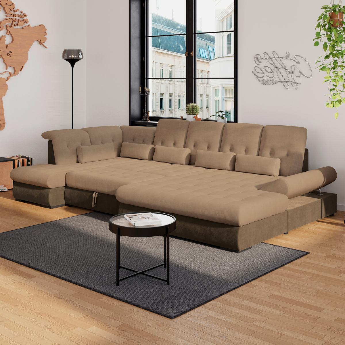 Wohnlandschaft Madera Mit Schlaffunktion Braun - Hellbraun/Dunkelbraun, KONVENTIONELL, Kunststoff/Textil (212/358/190cm)