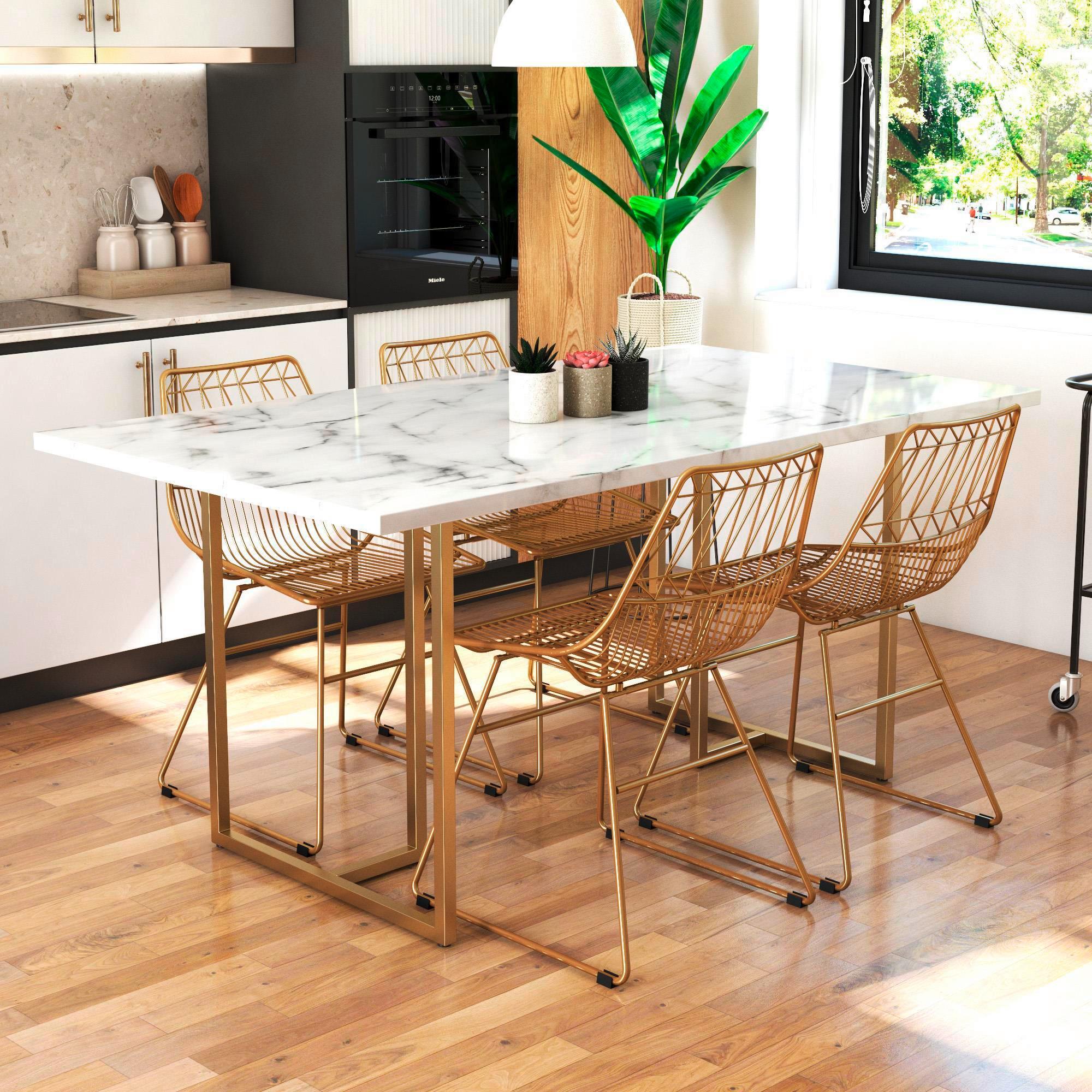 Esstisch Astor Weiß L: 160 cm - Goldfarben/Weiß, Design, Holzwerkstoff/Metall (160/75/90cm) - MID.YOU