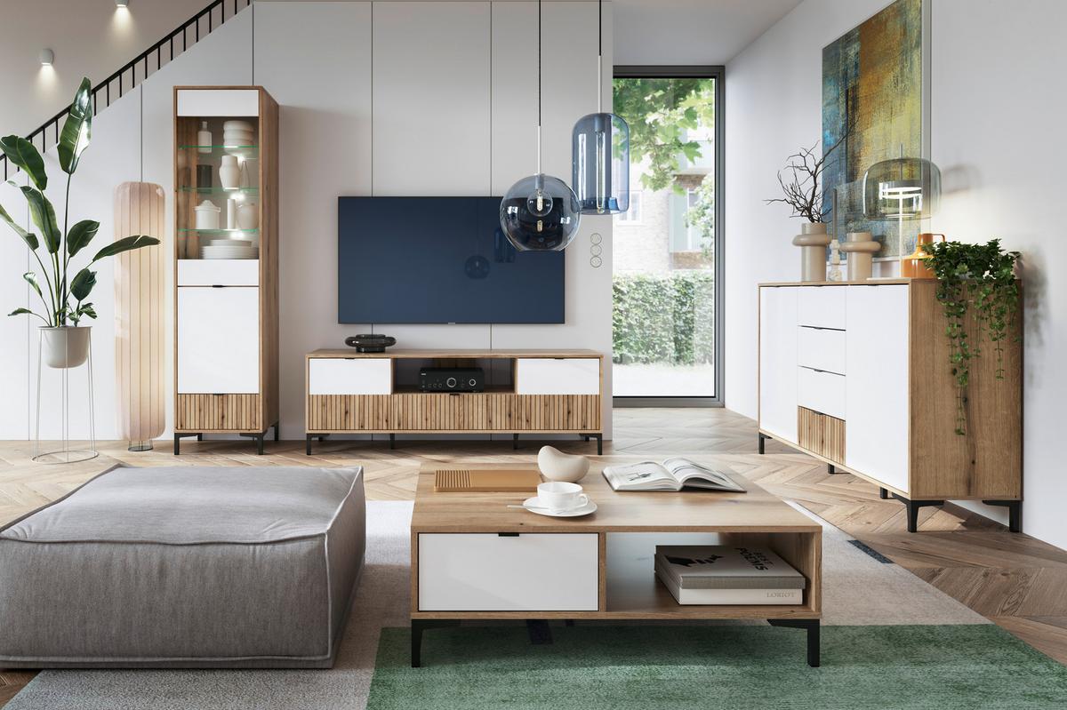 Kommode Ricko Eichefarben/Weiß B: 91,5 cm - Eichefarben/Schwarz, Trend, Holzwerkstoff (91,5/111,6/40cm)