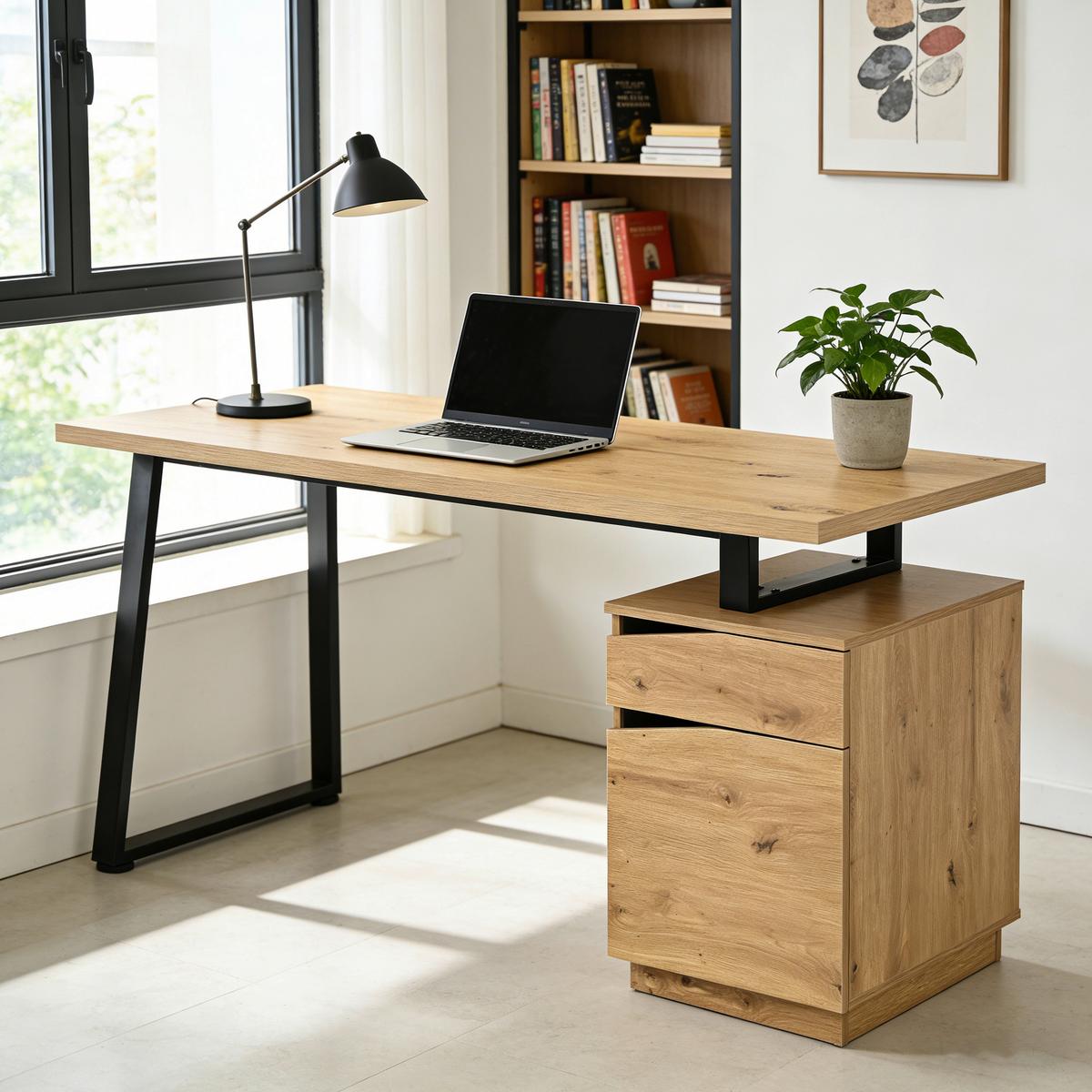 Schreibtisch Rimini Eichefarben B: 140 cm - Schwarz/Eiche Artisan, Trend, Holzwerkstoff/Metall (140/74/60cm)