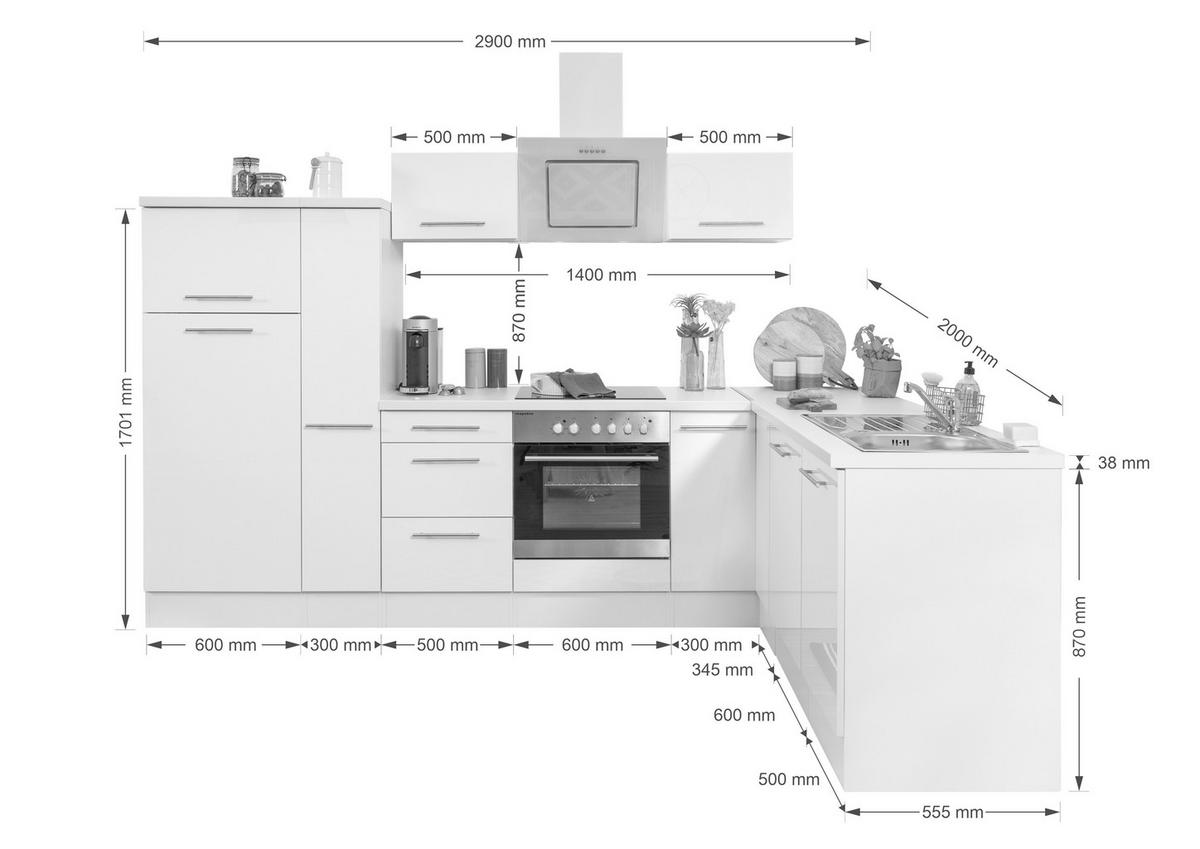 Eckküche Rp290wwc mit Geräten 290x200 cm Weiß - Weiß Hochglanz/Weiß, KONVENTIONELL, Holzwerkstoff (290/200cm) - Respekta
