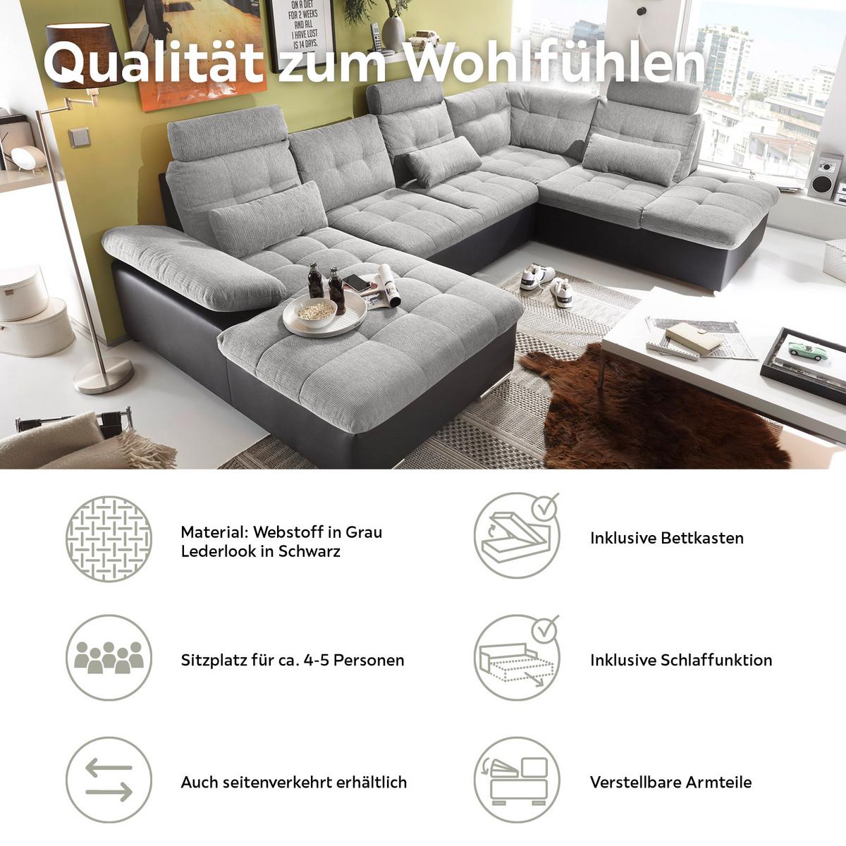 Wohnlandschaft Jakarta Mit Schlaffunktion Grau/schwarz - Chromfarben/Schwarz, Design, Textil (170/324/218cm) - MID.YOU