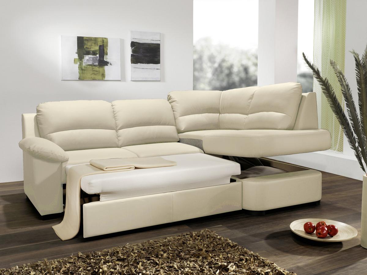 Ecksofa Schlaffunktion Danilo Mit Bettkasten Beige Lederlook - Beige/Schwarz, KONVENTIONELL, Textil (240/45/165cm) - MID.YOU