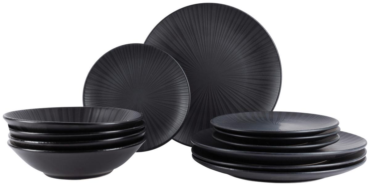 Jedálenský servis Black, 12-dielny - čierna, Modern, keramika - Premium Living