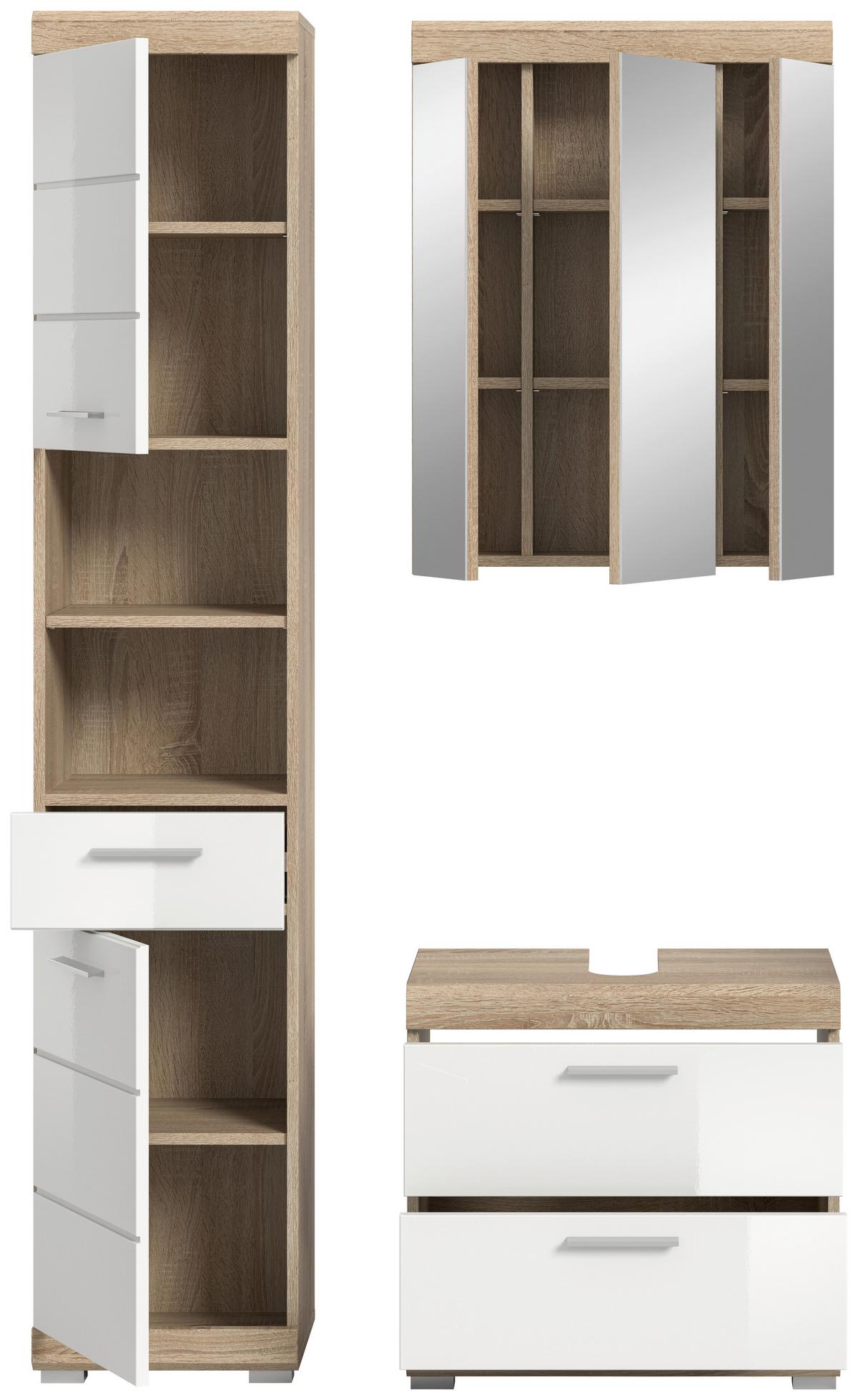Badezimmer Lambada Eiche Dekor/weiß B: 97 Cm - Weiß Hochglanz/Silberfarben, MODERN, Glas/Holzwerkstoff (97cm) - MID.YOU