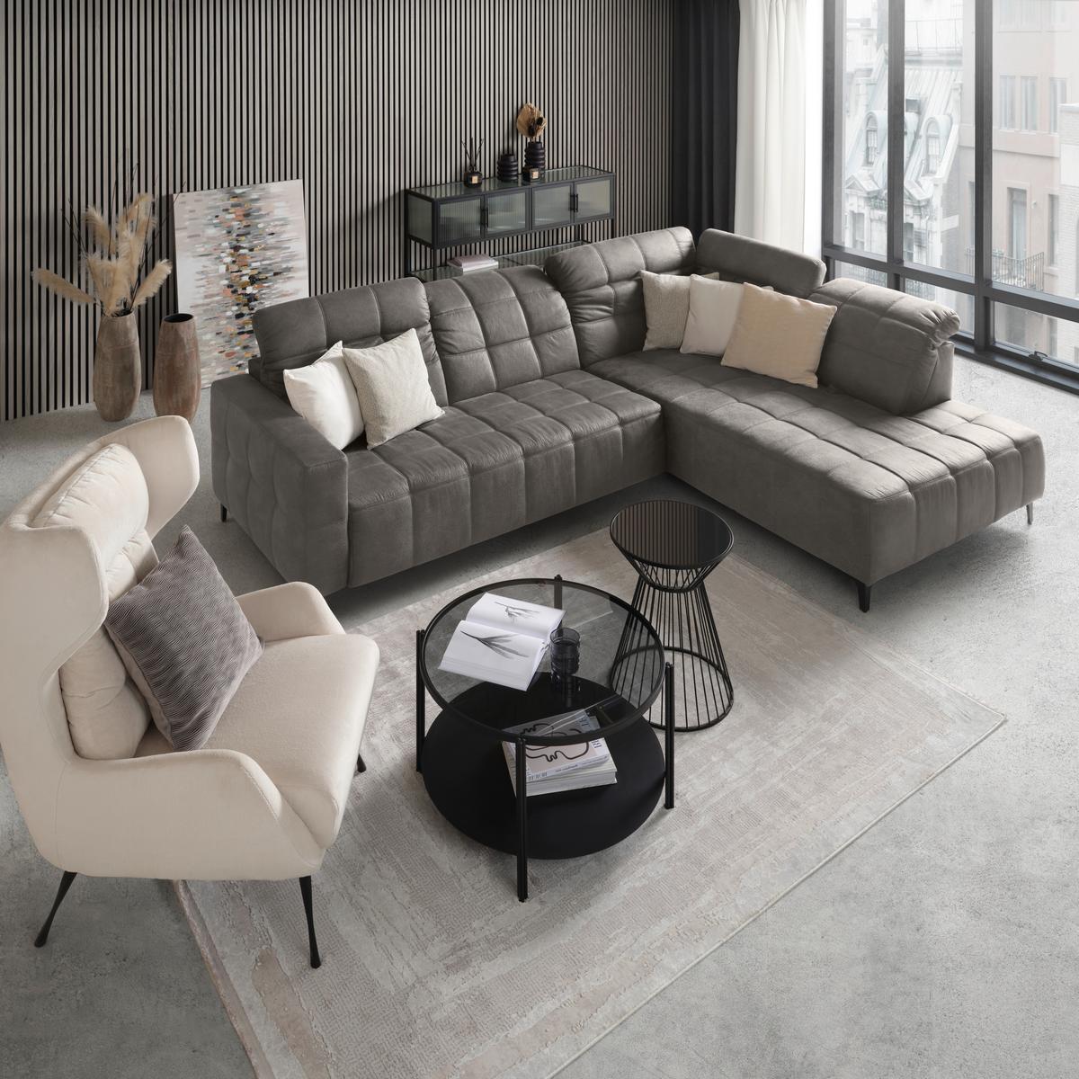 Rohová sedačka PANAMA, pravá, šedobéžová - černá/šedobéžová, Konvenční, kov/textil (304/216cm) - Premium Living