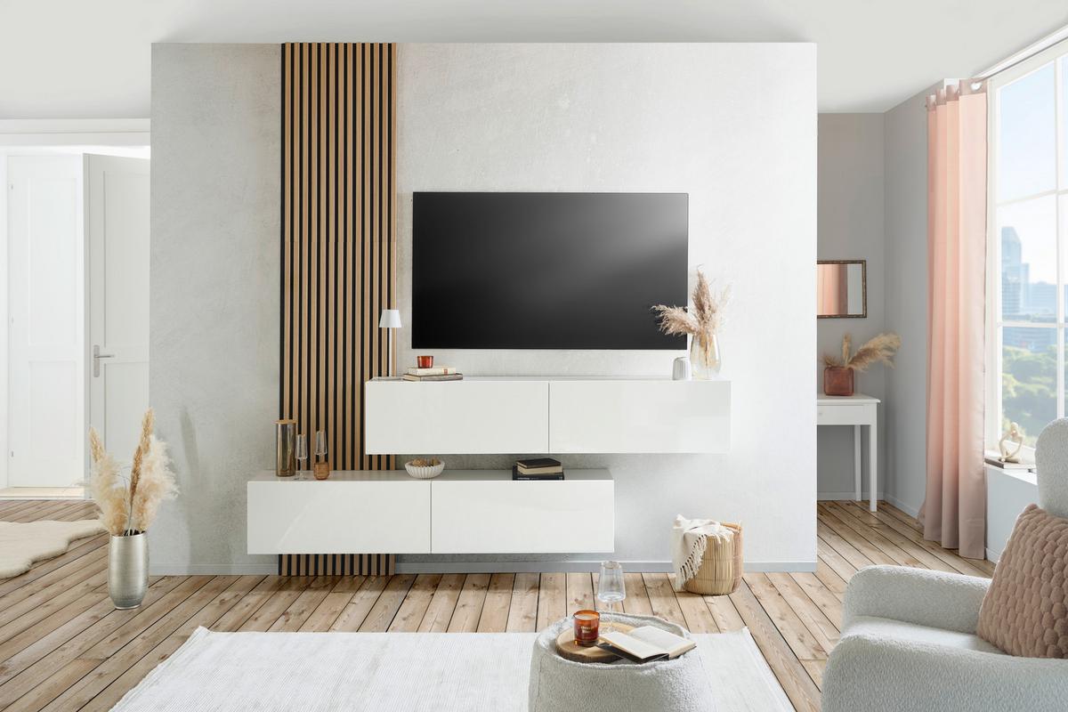 Tv-elem Otis - magasfényű fehér, Modern, faalapú anyag (180/37/31,6cm)