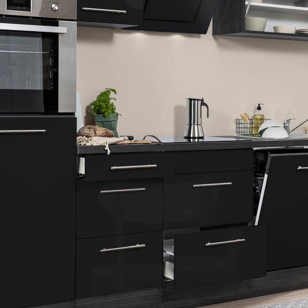 Küchenzeile mit Geräten 280 cm Schwarz Hochglanz/Eiche Grau - Eichefarben/Schwarz, Basics, Holzwerkstoff (280cm) - Respekta