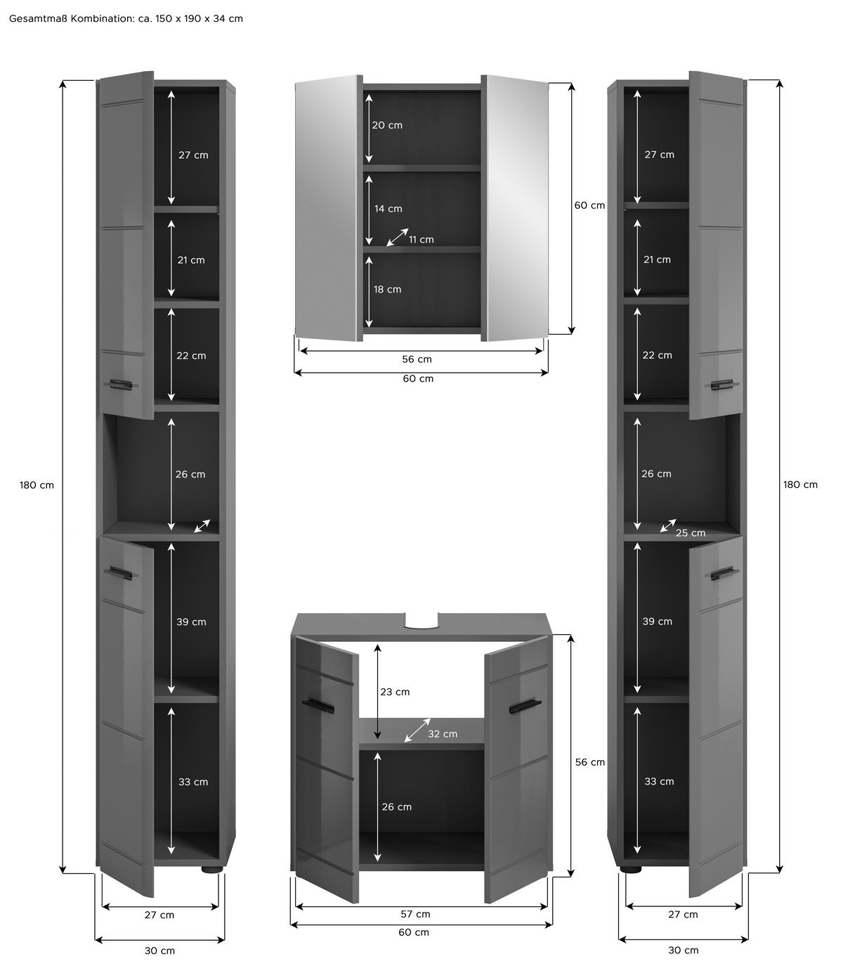 Badezimmer Soft Grau Hg B: 120 cm - Grau Hochglanz/Schwarz, MODERN, Holzwerkstoff (120cm) - MID.YOU