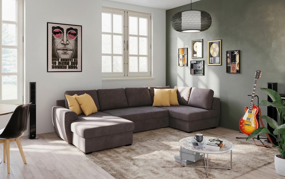 Wohnlandschaft m. Bettfunktion Mirkrofaser braun, B: 327cm - Schwarz/Braun, Trend, Textil (154/327/86cm) - MID.YOU