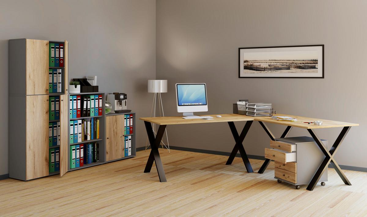 Eckschreibtisch Lona Schwarz/ Honigeichefarben, L: 160cm - Honigeiche/Silberfarben, MODERN, Holzwerkstoff/Metall (160/160/76cm) - MID.YOU