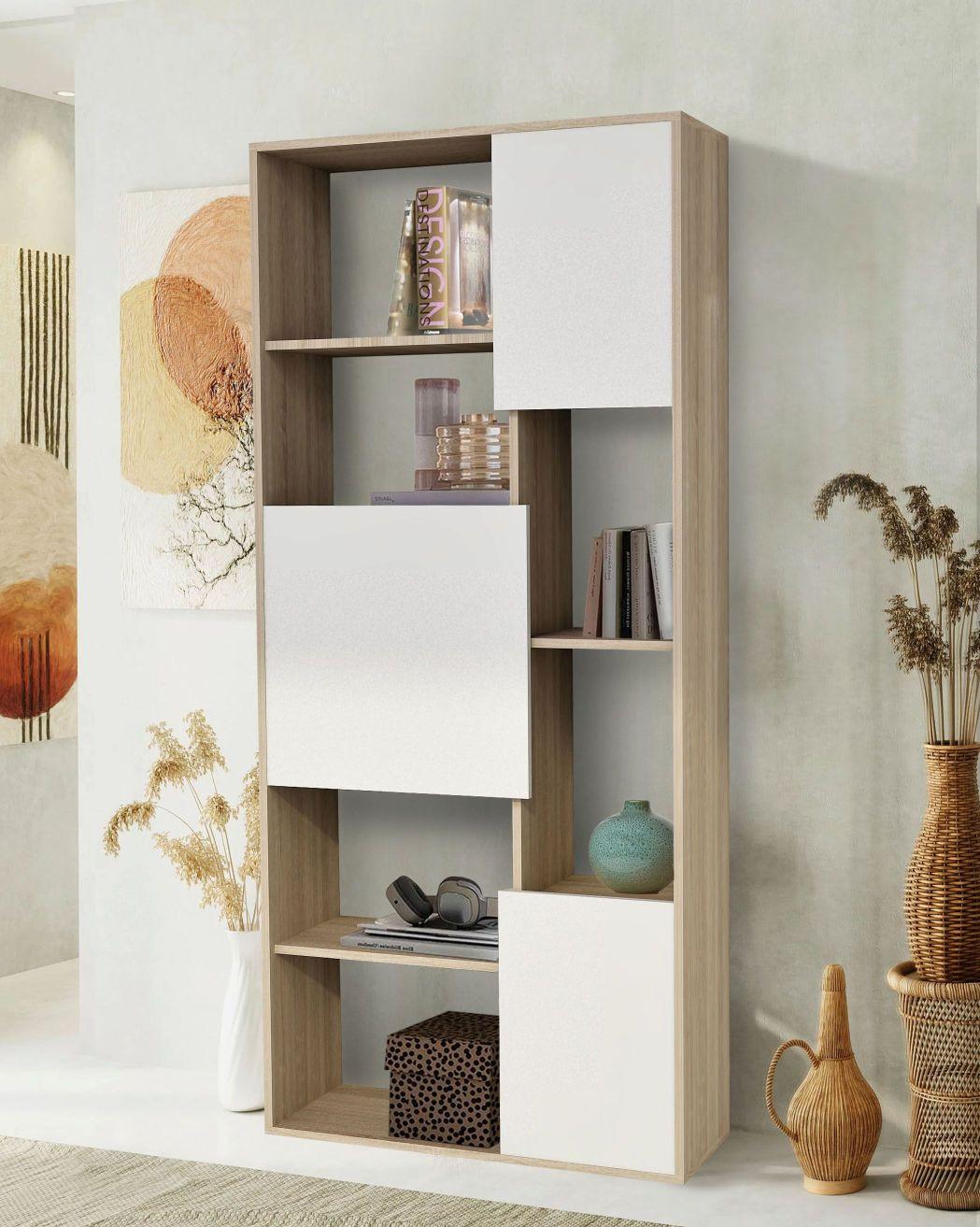 Praktický regál s množstvom úložného priestoru, š: 80 cm - biela s vysokým leskom/dub sonoma, Modern, kompozitné drevo (80/180/29.5cm) - Xora