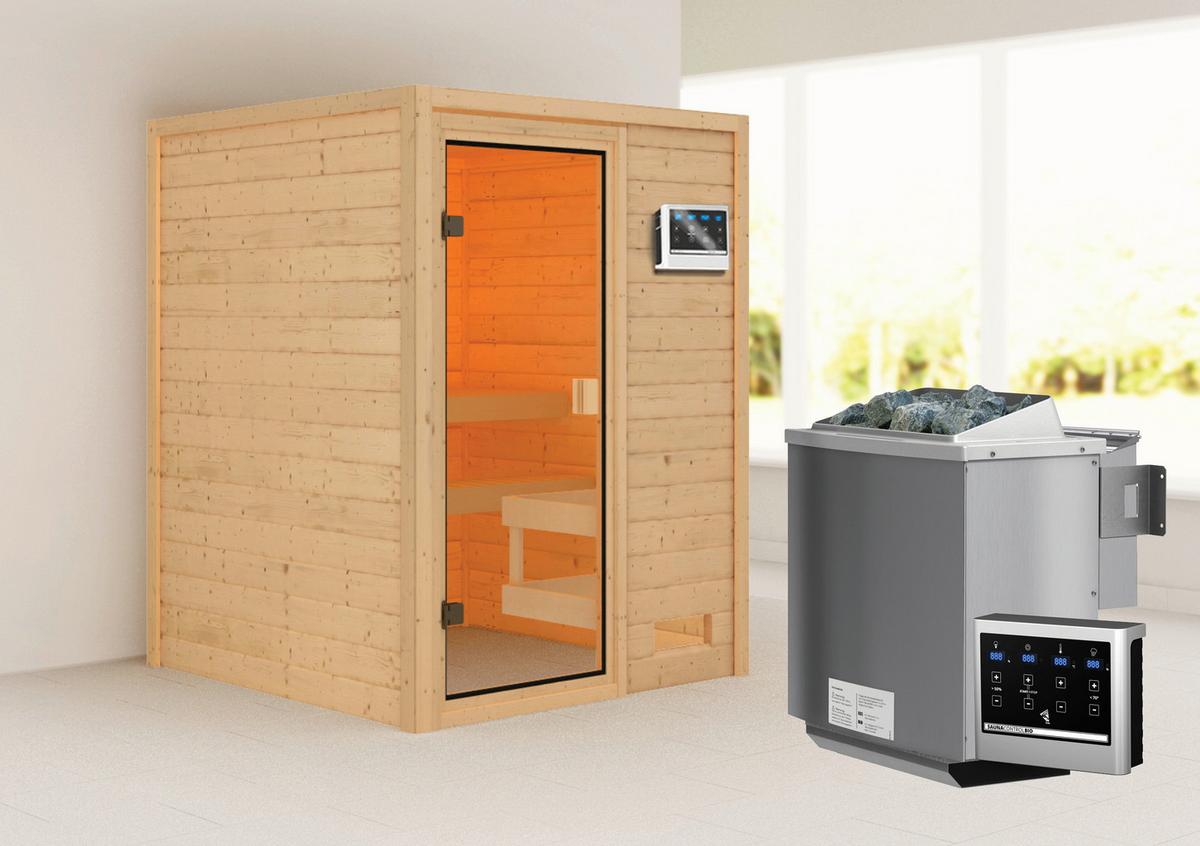 Sauna Tolouse mit Ext. Steuerung 9-Kw-Ofen - Naturfarben, MODERN, Holz (145/187/145cm) - Karibu