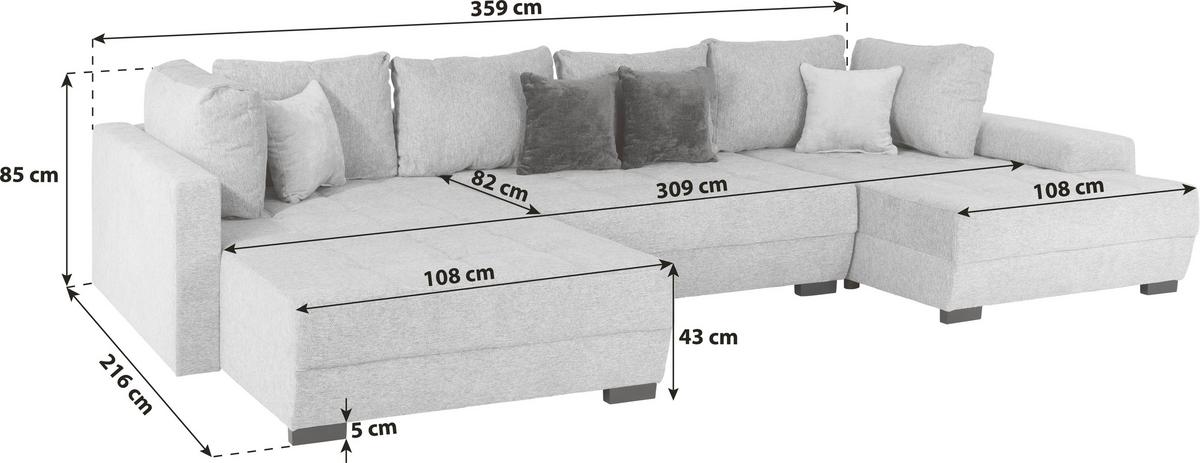 Wohnlandschaft Lugano mit Schlaffunktion Hellgrau - Hellgrau/Schwarz, MODERN, Textil (216/359/178cm)