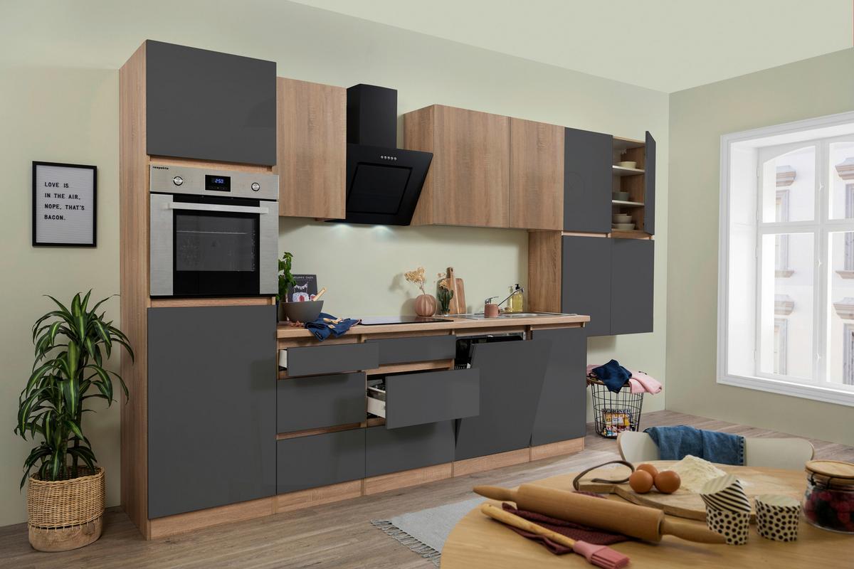 Küchenzeile Premium mit Geräten 380 cm Grau/Eiche Dekor - Eichefarben/Grau, Basics, Holzwerkstoff (380cm) - Respekta