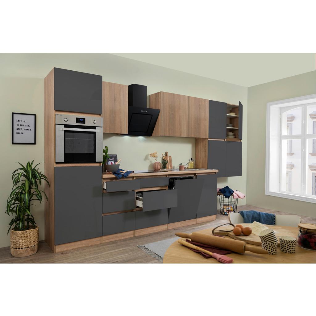 Küchenzeile Premium mit Geräten 380 cm Grau/Eiche Dekor