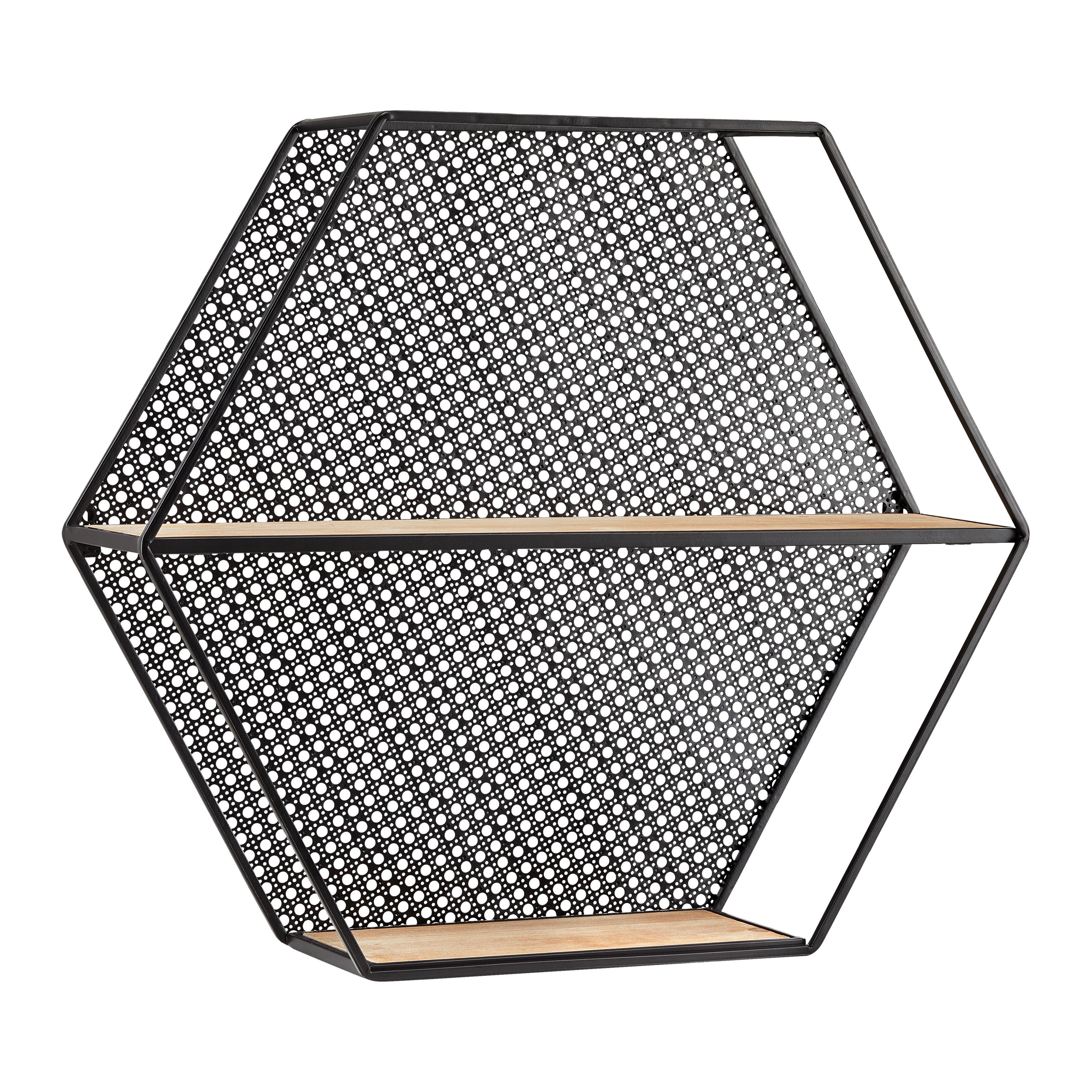 Nástěnný regál LELIA - černá/přírodní barvy, Moderní, kov/dřevo (60/53/16cm) - Bessagi Home