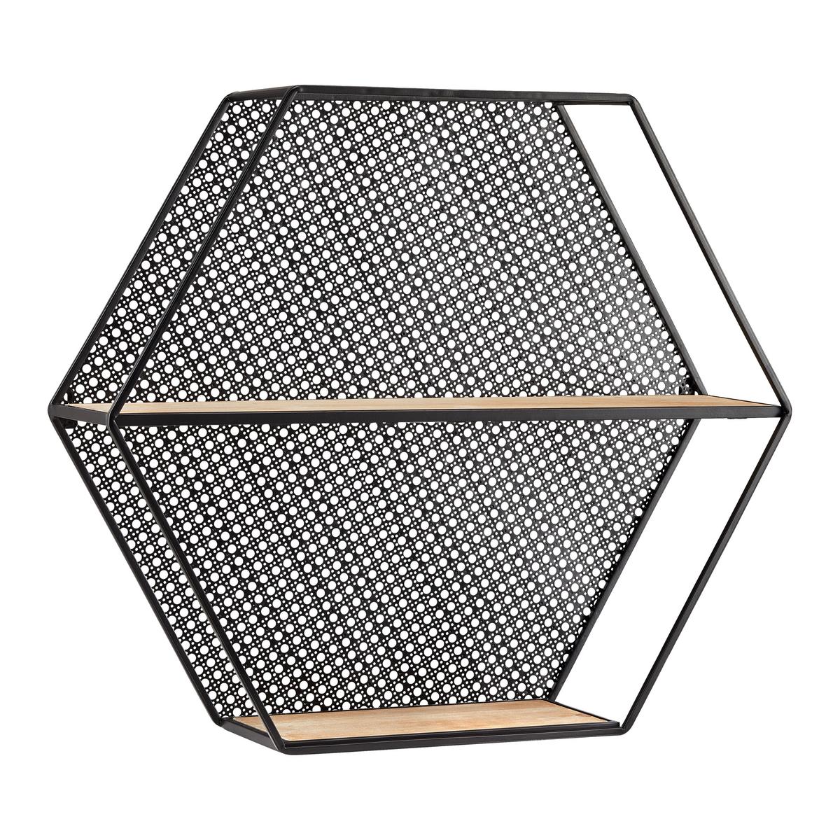 Nástěnný regál LELIA - černá/přírodní barvy, Moderní, kov/dřevo (60/53/16cm) - Bessagi Home