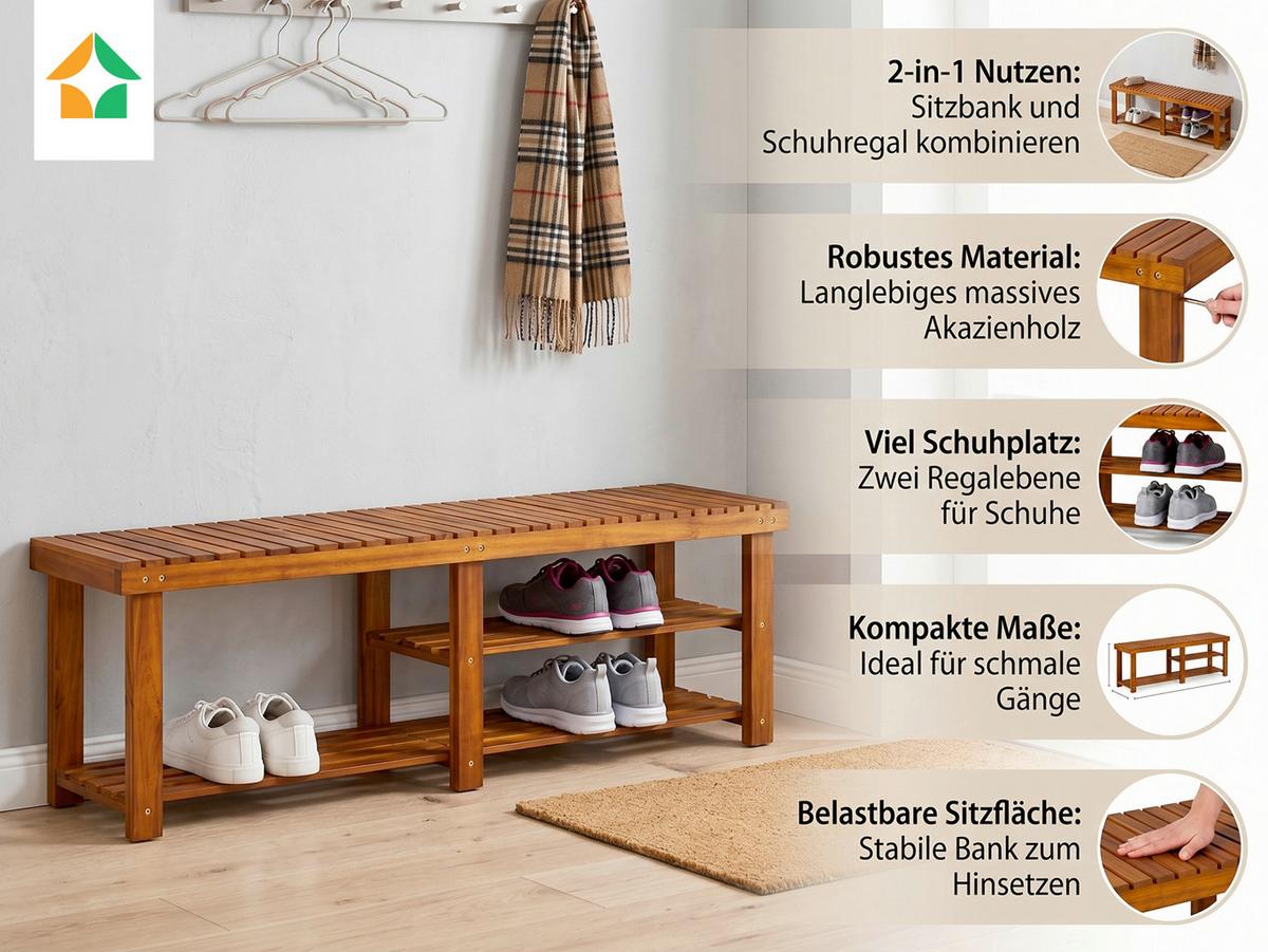 Schuhregal mit Sitzbank 2 Etagen - Akaziefarben, Basics, Holz (33/46/87cm)