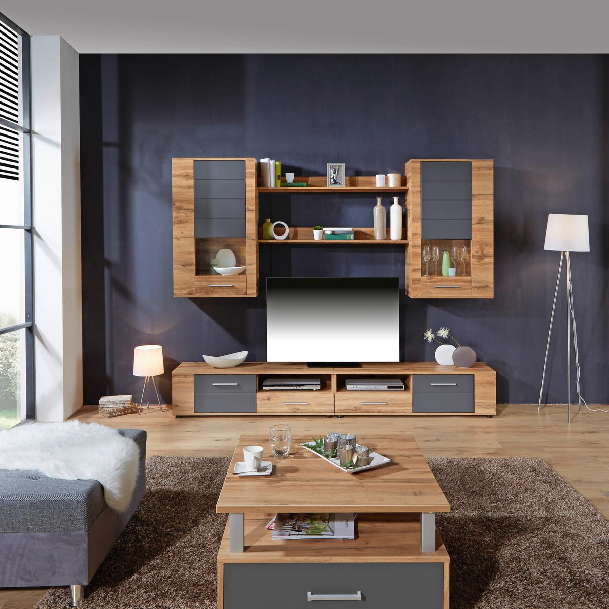 Wohnwand Modern 6-tlg. Mit Led Fargo, Wotan Eiche Dekor/grau - Eichefarben/Grau, MODERN (240/192/38cm)