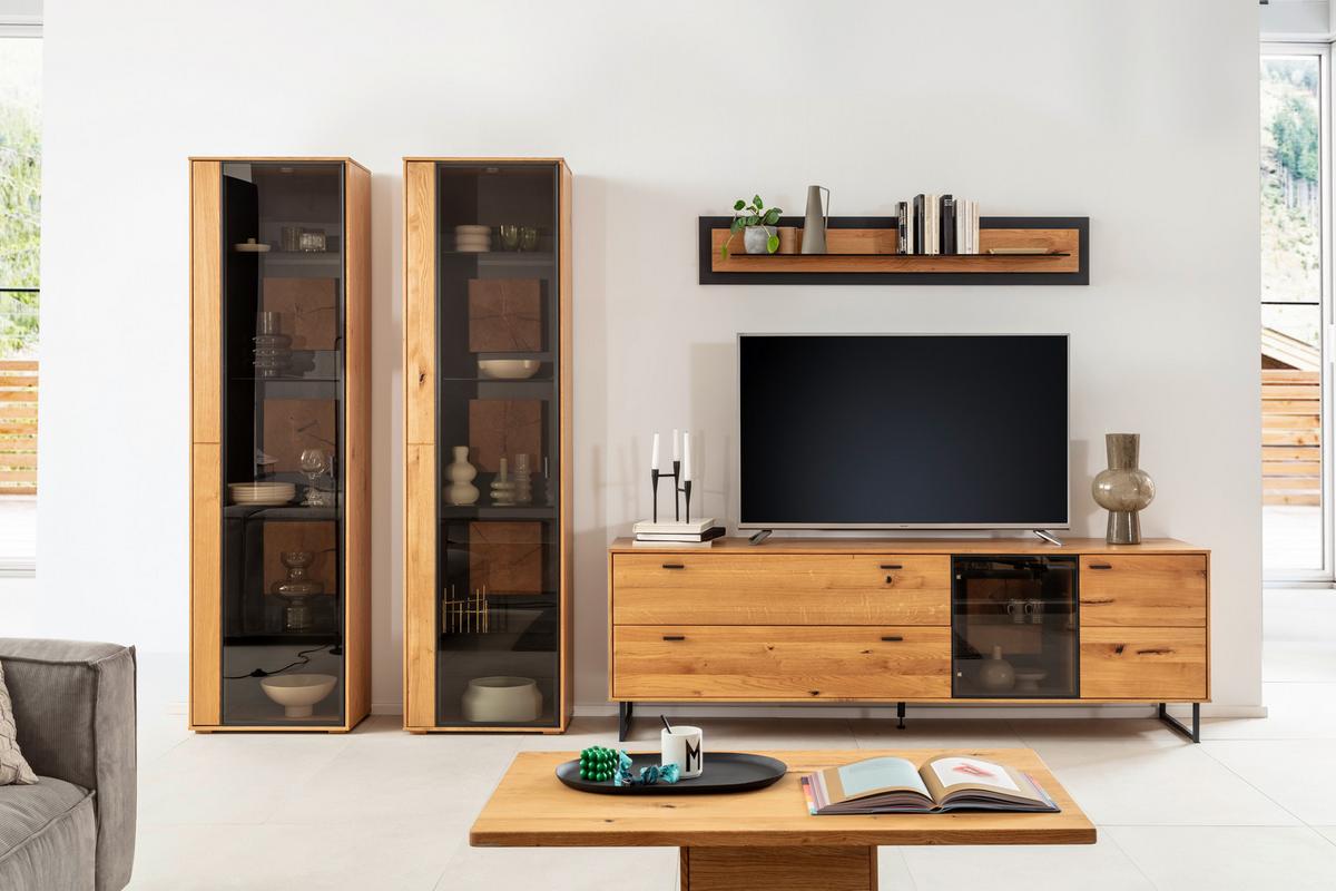 Wohnwand Assini 4-Teilig Wildeiche B: 359 cm - Wildeiche/Schwarz, Design, Glas/Holz (359/206/50cm) - MID.YOU