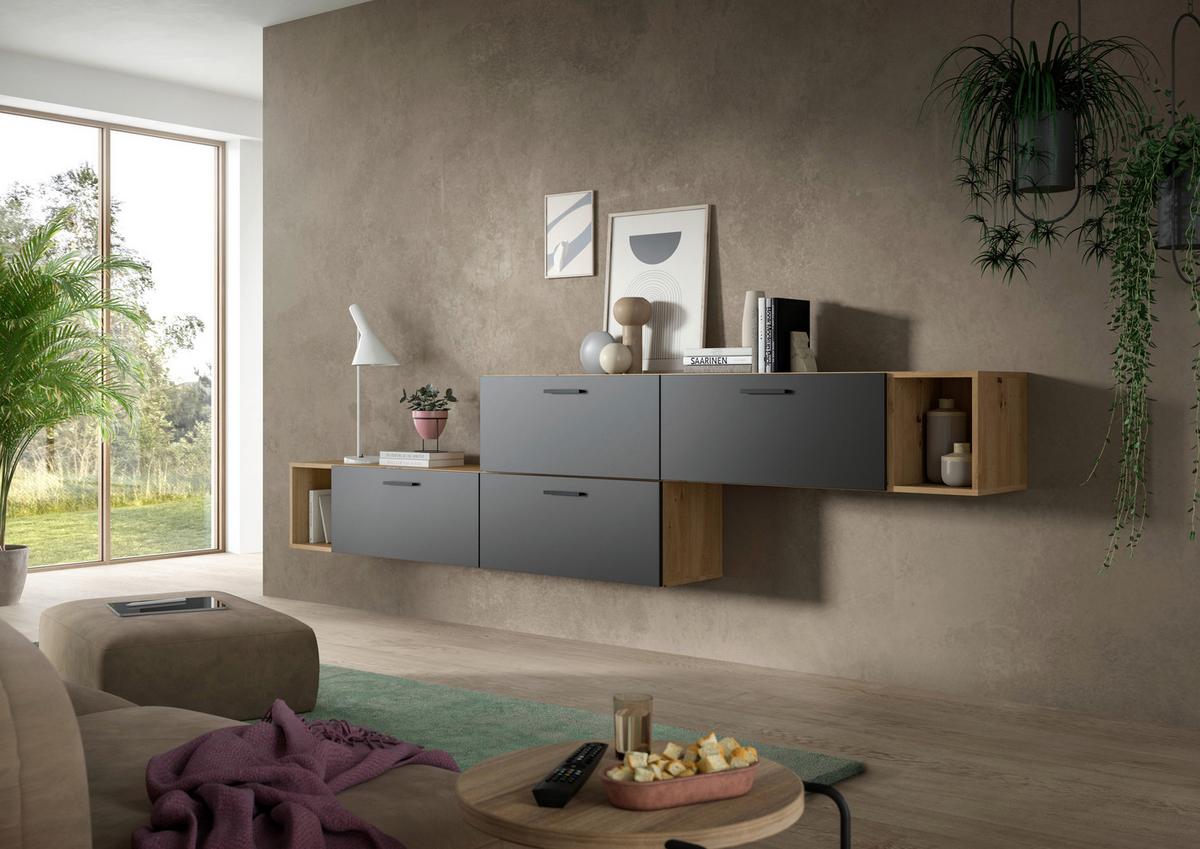 Wohnwand, The One 4, B: 276 cm Grau/Artisan Eiche Dekor - Schwarz/Eiche Artisan, Trend, Holzwerkstoff (276/97/34cm)