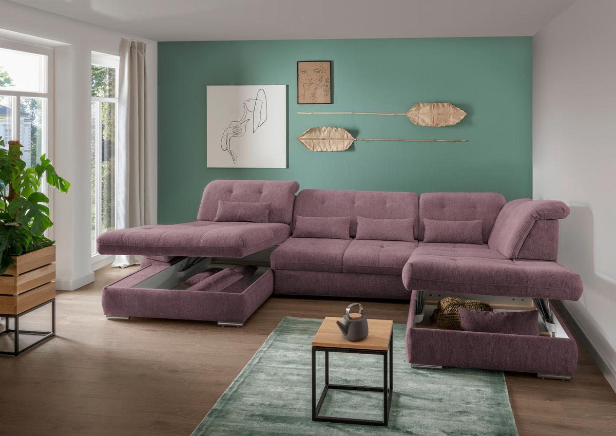 Wohnlandschaft Dalida Mit Schlaffunktion Brombeere - Chromfarben/Brombeere, Design, Textil (195/376/254cm) - Livetastic