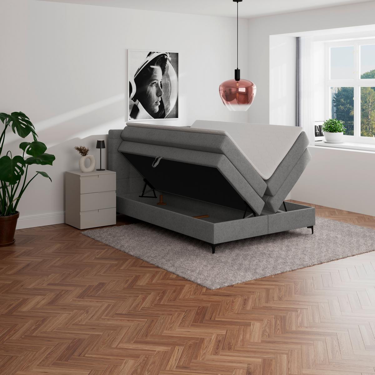 Boxspringbett MITTO Grau 140x200 cm - Schwarz/Grau, KONVENTIONELL, Textil/Metall (140/200cm)