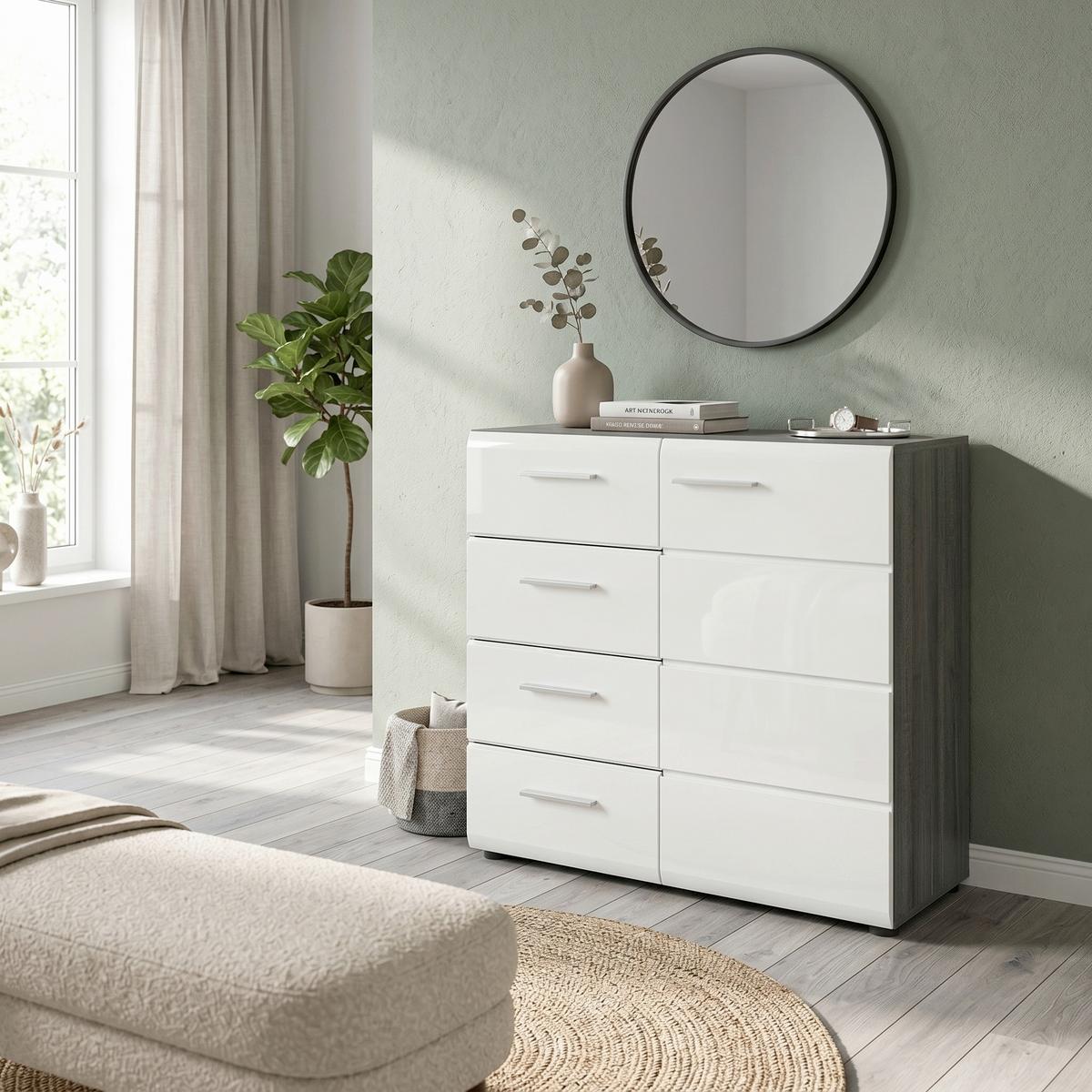 Komoda, lesklá biela, š: 80 cm - biela s vysokým leskom/strieborná, Design, kompozitné drevo/plast (80/85/37cm) - MID.YOU