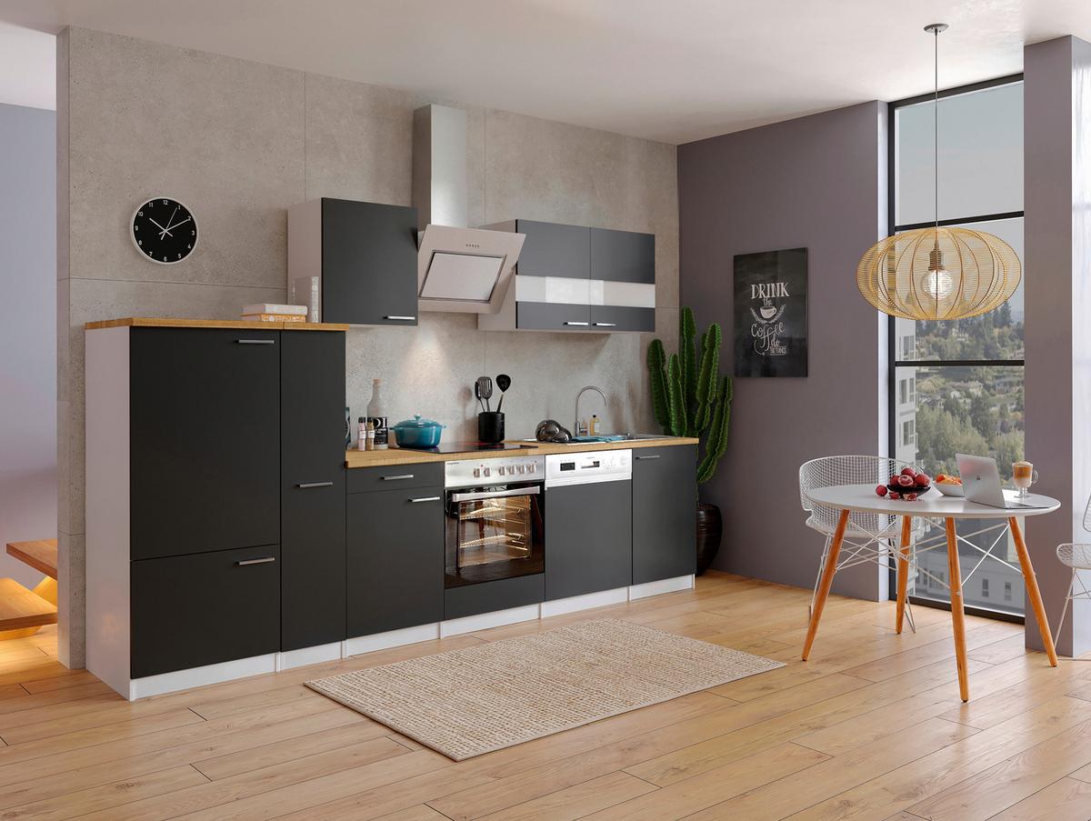 Küchenzeile Economy mit Geräten 310 cm Schwarz/Nussbaum Dekor - Nussbaumfarben/Schwarz, Basics, Holzwerkstoff (310cm) - Respekta